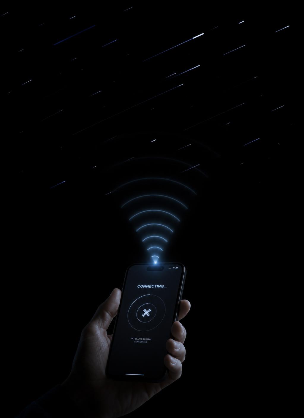 Mão segurando um celular com sinal de internet móvel sob um céu noturno